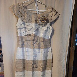 London Times Women's Cocktail Ruffled Dress Size 10 Gold Cream Beige
